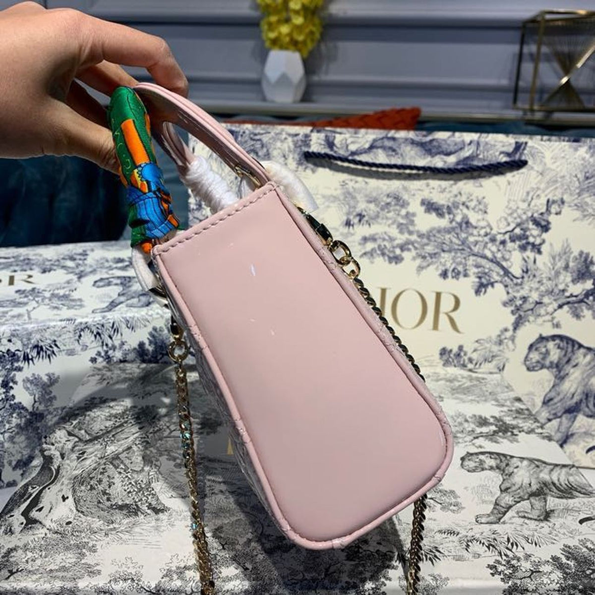 Christian Dior Mini Lady Dior Bag 18cm with Chain Gold Hardware Patent Leather Spring/Summer Collection, Light Pink –…