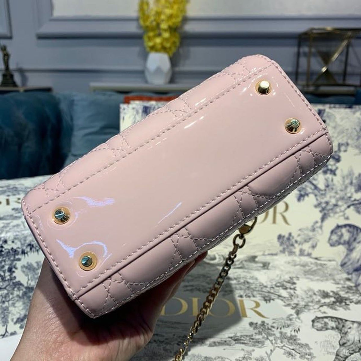 Christian Dior Mini Lady Dior Bag 18cm with Chain Gold Hardware Patent Leather Spring/Summer Collection, Light Pink –…