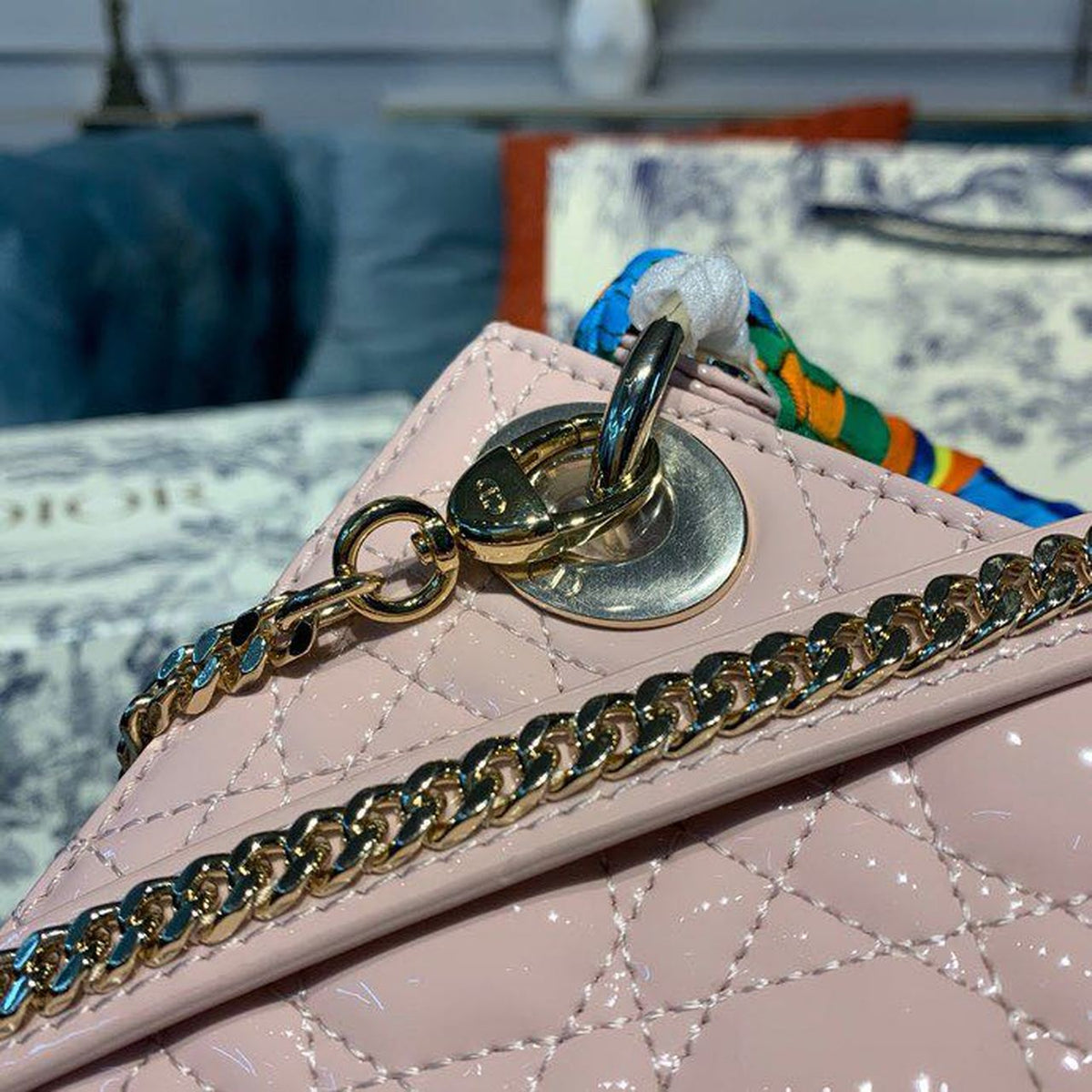 Christian Dior Mini Lady Dior Bag 18cm with Chain Gold Hardware Patent Leather Spring/Summer Collection, Light Pink –…