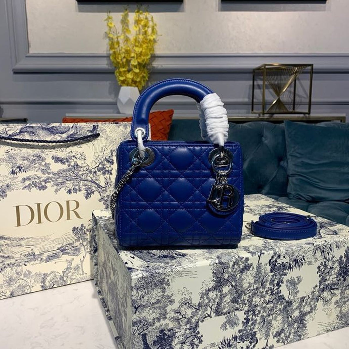 Christian Dior Mini Lady Dior Bag 18cm with Chain Silver Hardware Lambskin Leather Spring/Summer Collection, Electric Blue –…