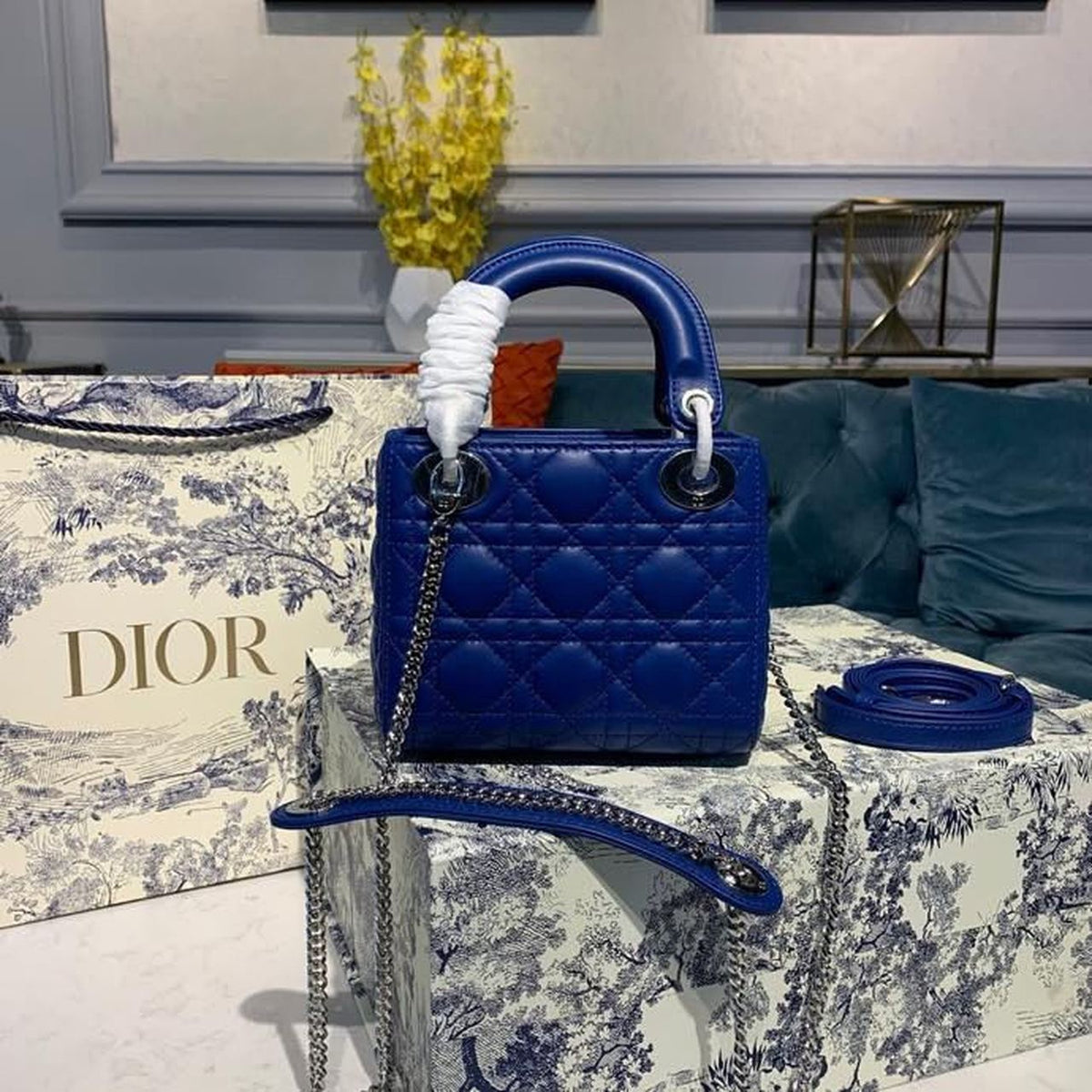 Christian Dior Mini Lady Dior Bag 18cm with Chain Silver Hardware Lambskin Leather Spring/Summer Collection, Electric Blue –…