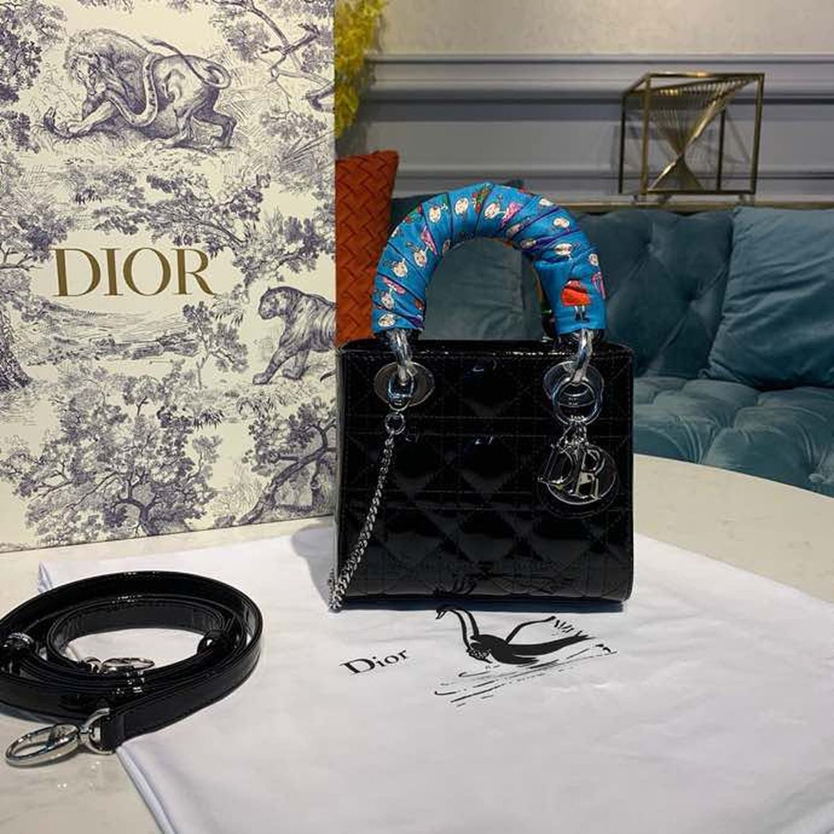 Christian Dior Mini Lady Dior Bag 18cm with Chain Silver Hardware Patent Leather Spring/Summer Collection, Black – product…