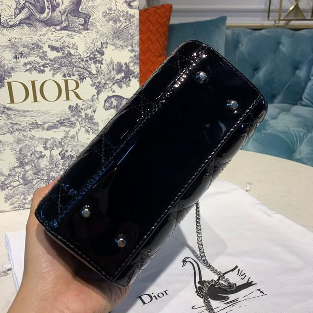 Christian Dior Mini Lady Dior Bag 18cm with Chain Silver Hardware Patent Leather Spring/Summer Collection, Black – product…
