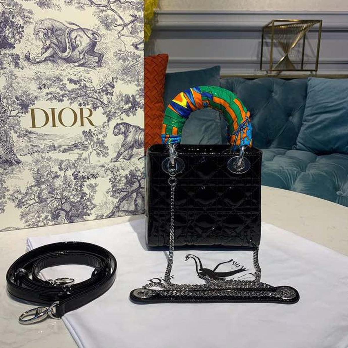 Christian Dior Mini Lady Dior Bag 18cm with Chain Silver Hardware Patent Leather Spring/Summer Collection, Black – product…