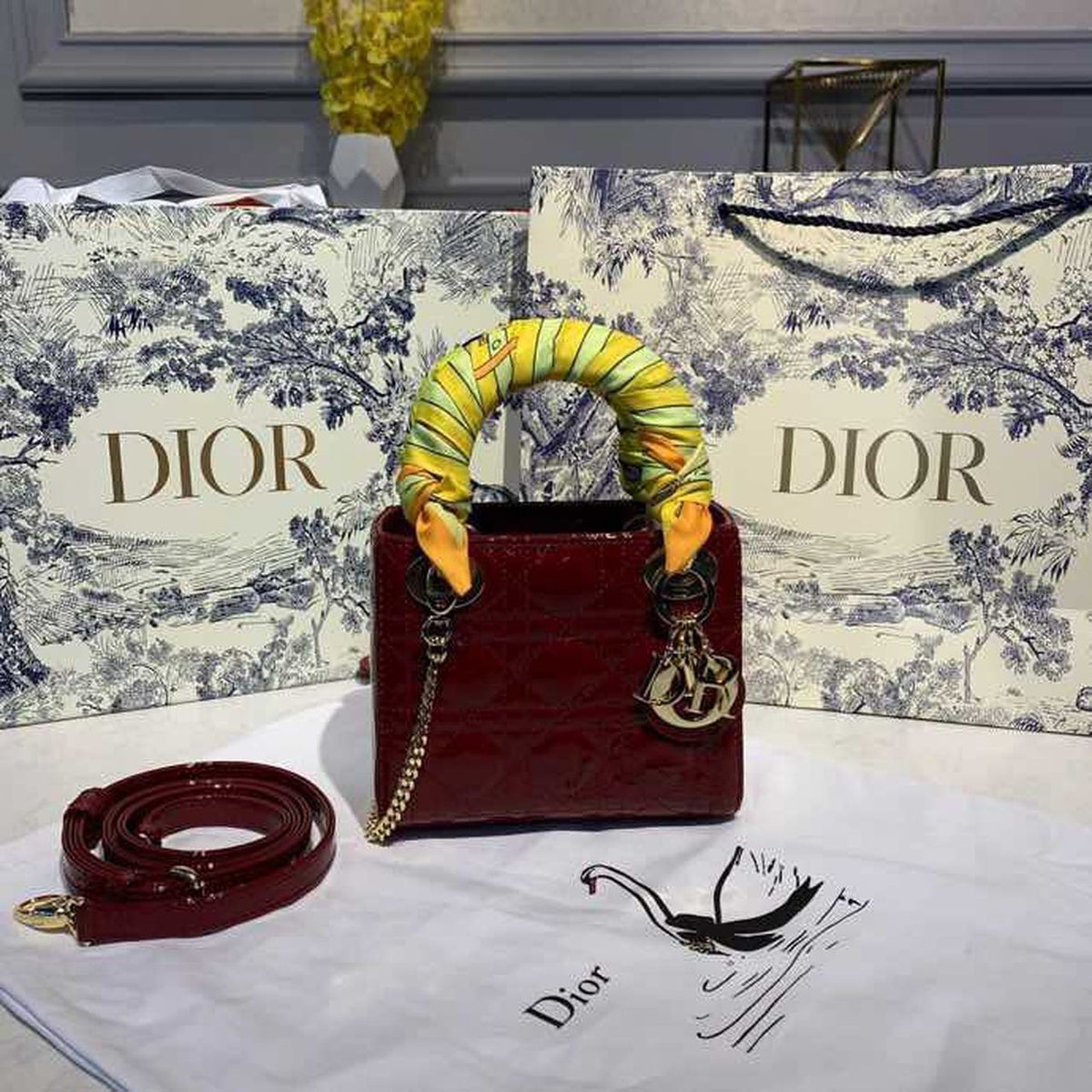 Christian Dior Mini Lady Dior Bag 18cm with Chain Gold Hardware Patent Leather Spring/Summer Collection, Burgundy – product…