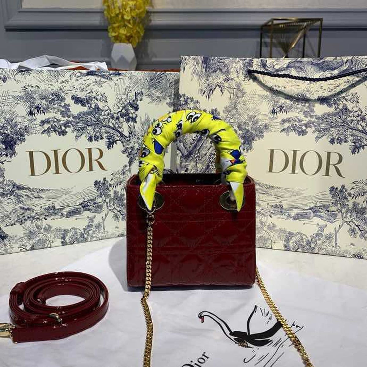 Christian Dior Mini Lady Dior Bag 18cm with Chain Gold Hardware Patent Leather Spring/Summer Collection, Burgundy – product…