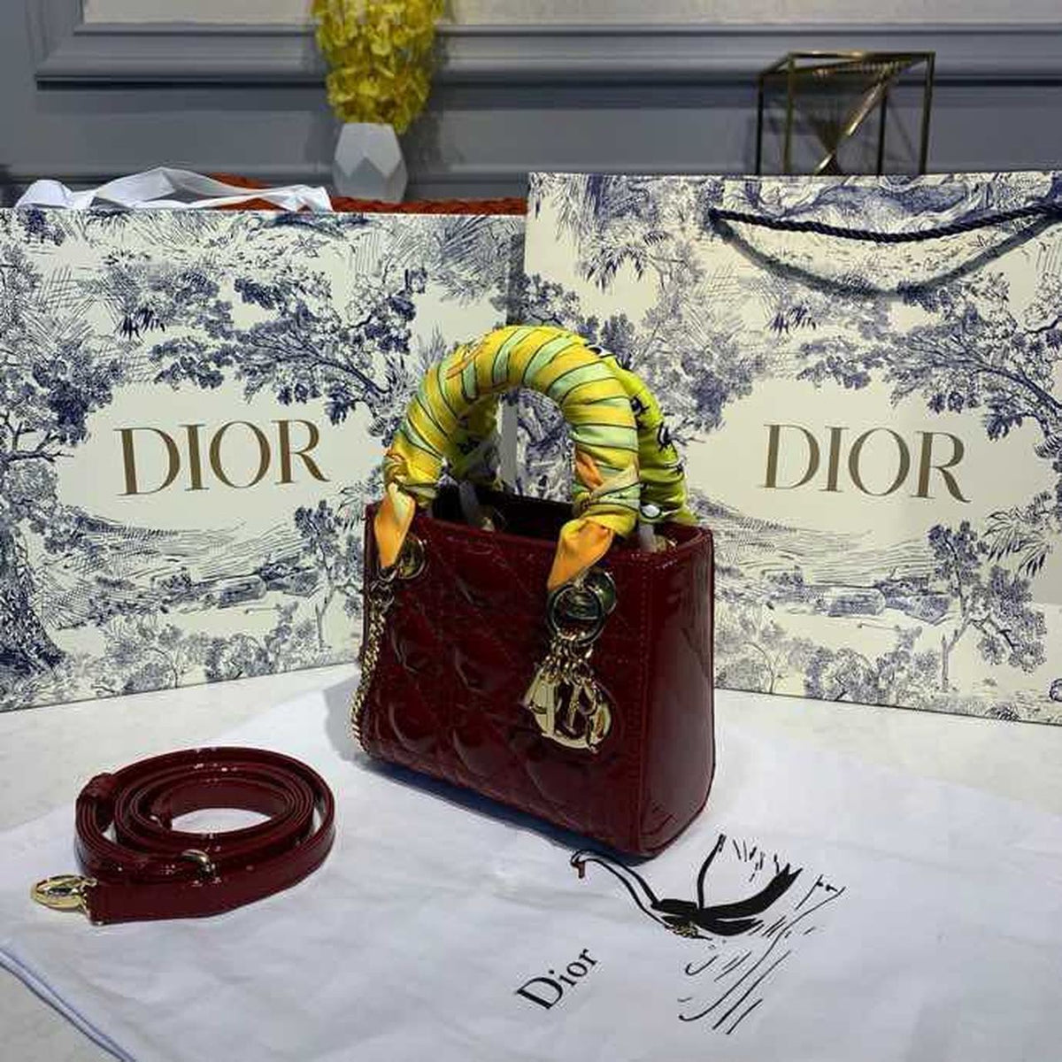 Christian Dior Mini Lady Dior Bag 18cm with Chain Gold Hardware Patent Leather Spring/Summer Collection, Burgundy – product…