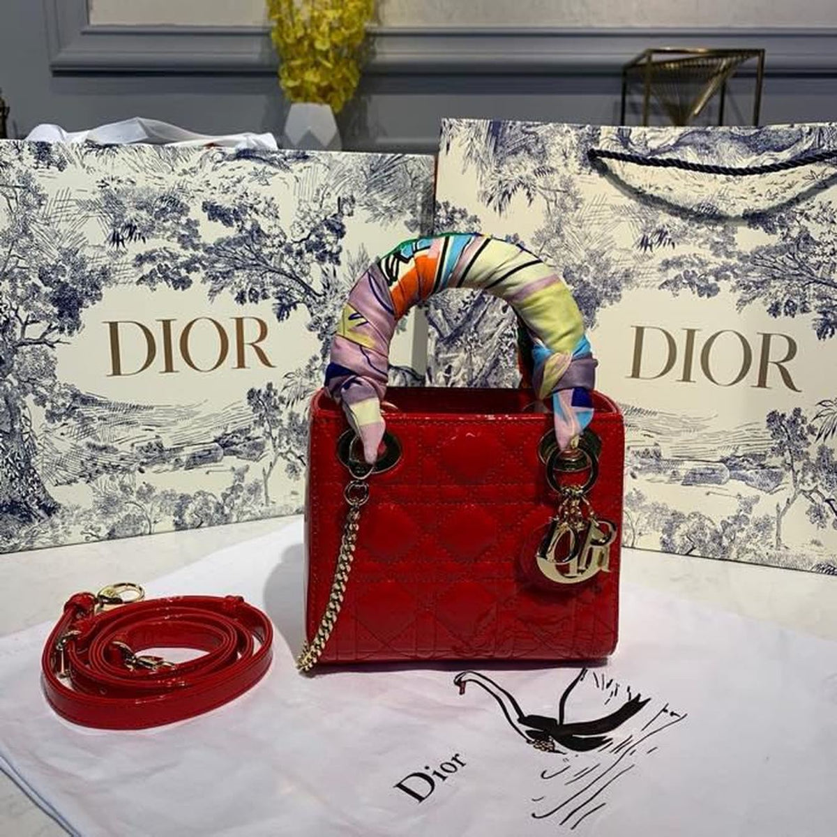 Christian Dior Mini Lady Dior Bag 18cm with Chain Gold Hardware Patent Leather Spring/Summer Collection, Red – product image…