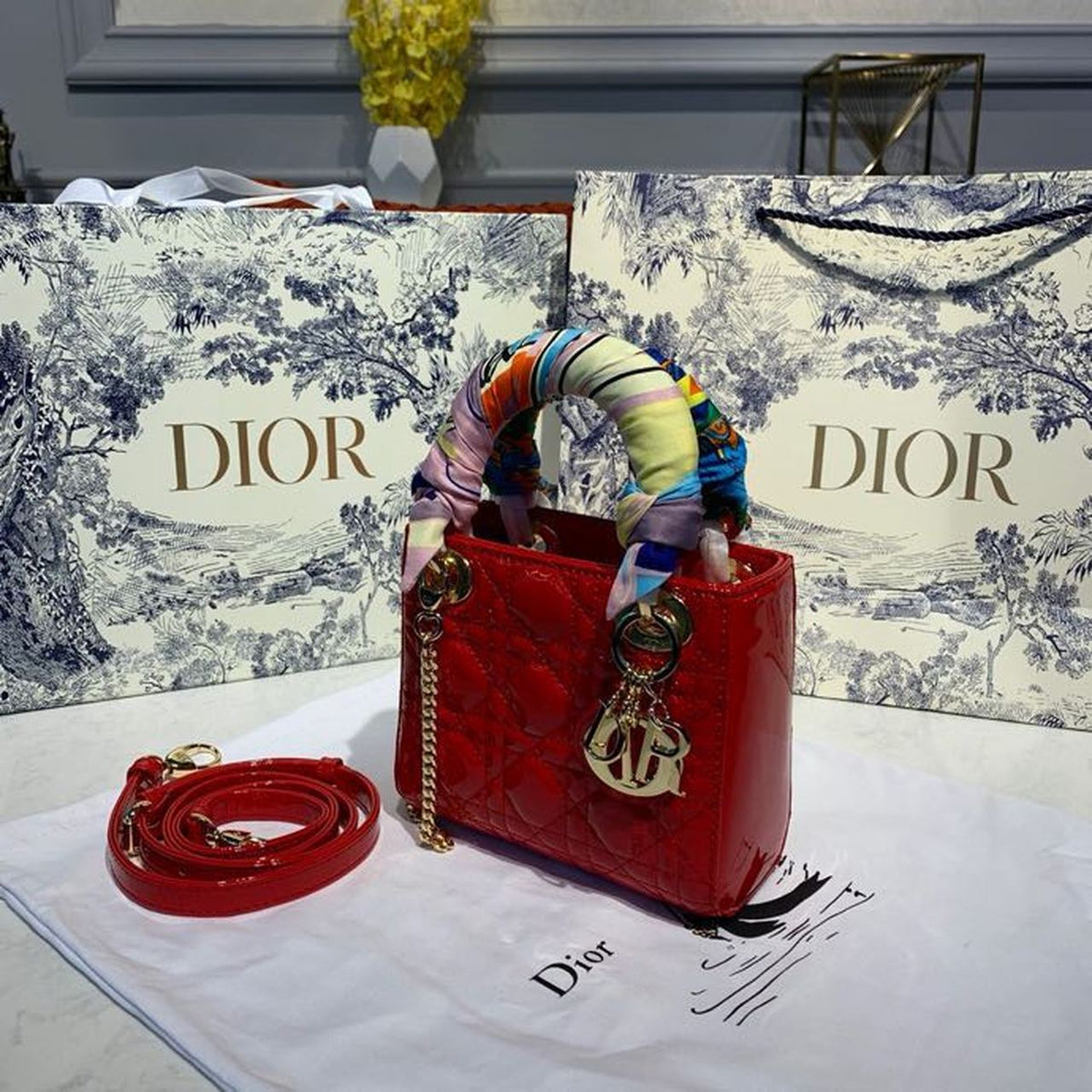 Christian Dior Mini Lady Dior Bag 18cm with Chain Gold Hardware Patent Leather Spring/Summer Collection, Red – product image…