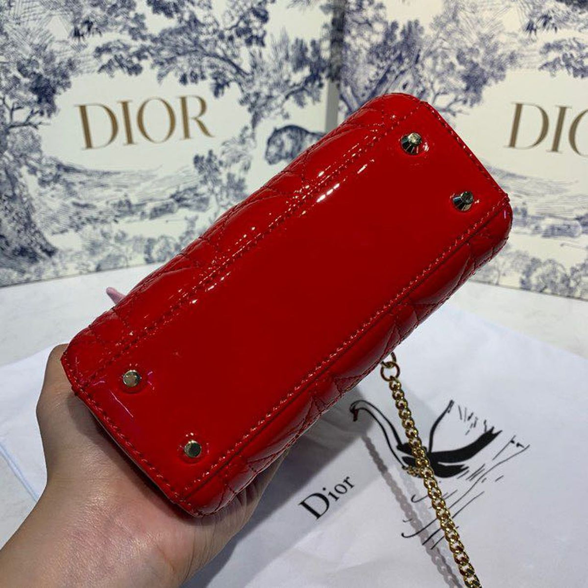 Christian Dior Mini Lady Dior Bag 18cm with Chain Gold Hardware Patent Leather Spring/Summer Collection, Red – product image…