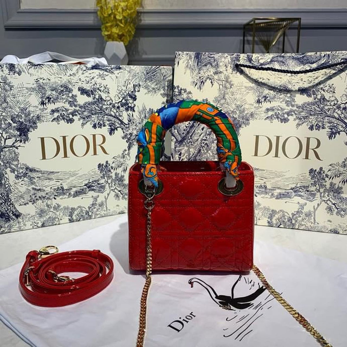 Christian Dior Mini Lady Dior Bag 18cm with Chain Gold Hardware Patent Leather Spring/Summer Collection, Red – product image…