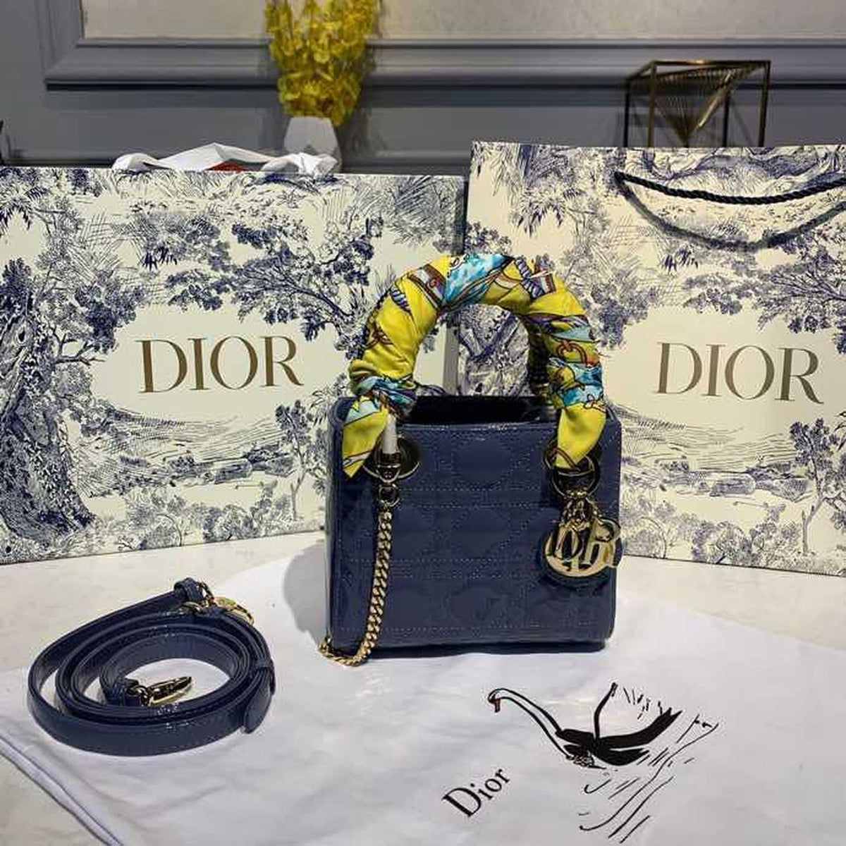 Christian Dior Mini Lady Dior Bag 18cm with Chain Silver Hardware Patent Leather Spring/Summer Collection, Deep Blue –…