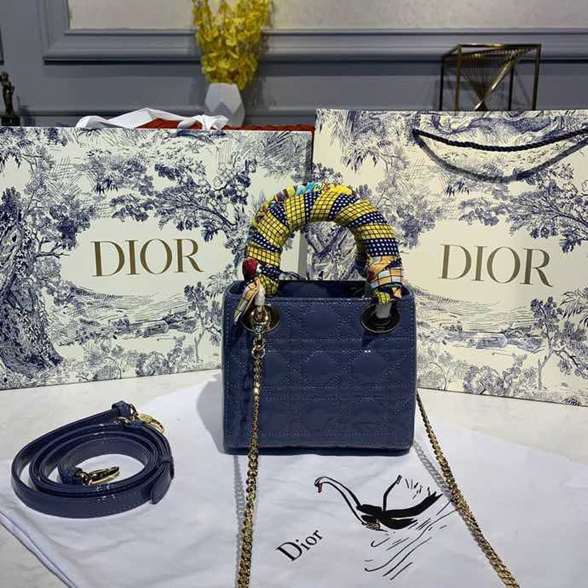 Christian Dior Mini Lady Dior Bag 18cm with Chain Silver Hardware Patent Leather Spring/Summer Collection, Deep Blue –…