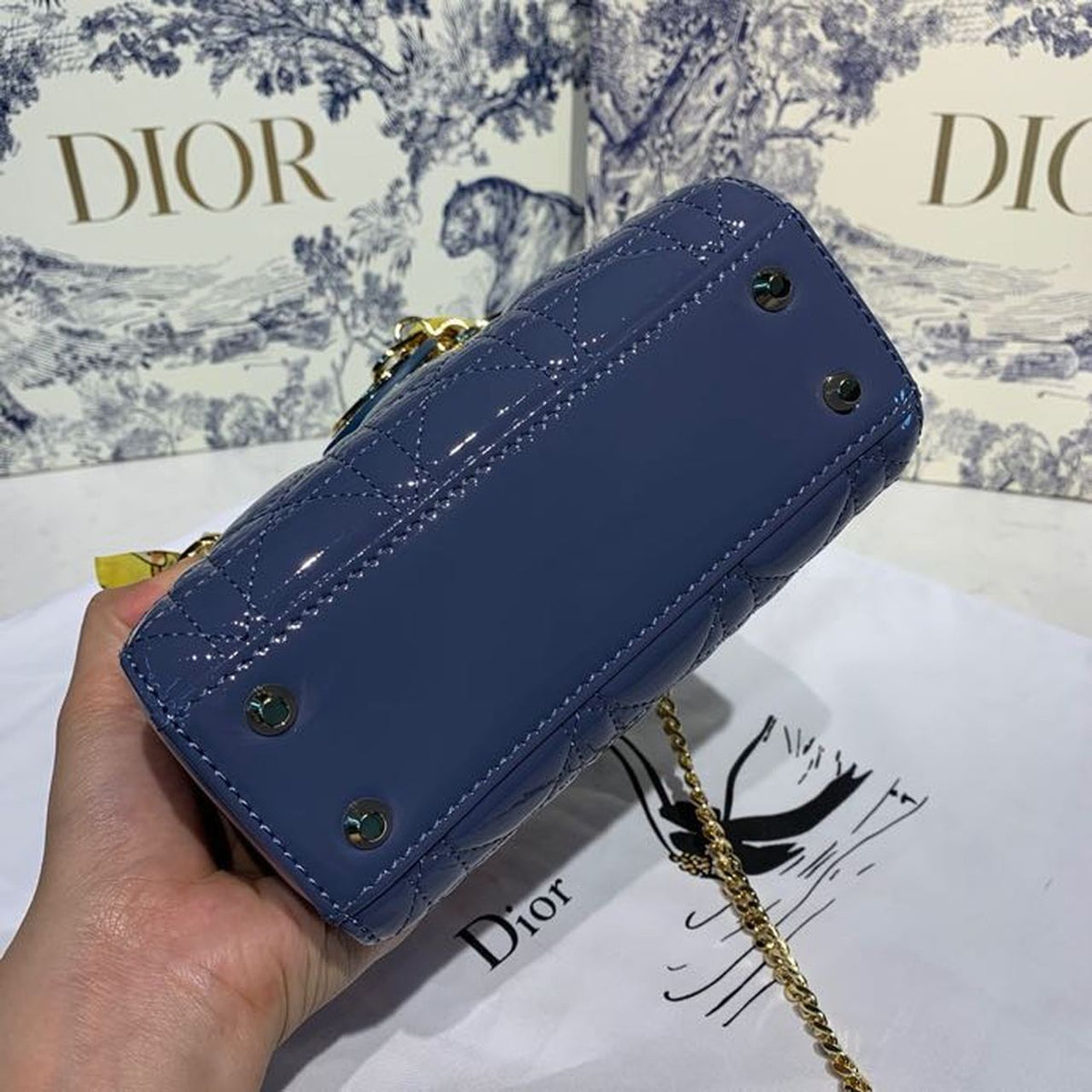 Christian Dior Mini Lady Dior Bag 18cm with Chain Silver Hardware Patent Leather Spring/Summer Collection, Deep Blue –…