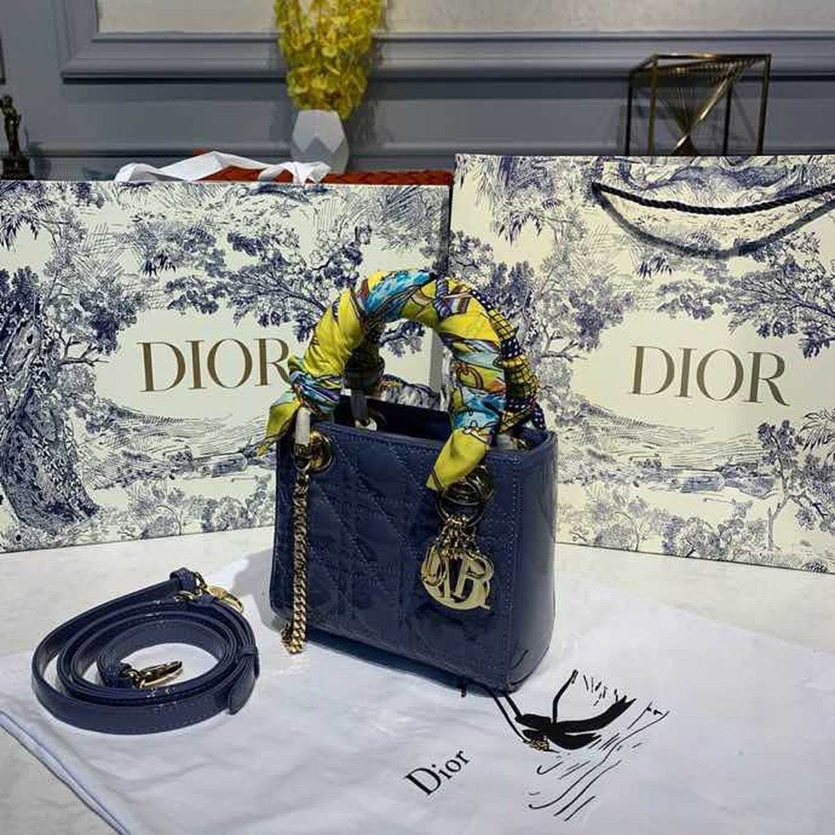 Christian Dior Mini Lady Dior Bag 18cm with Chain Silver Hardware Patent Leather Spring/Summer Collection, Deep Blue –…
