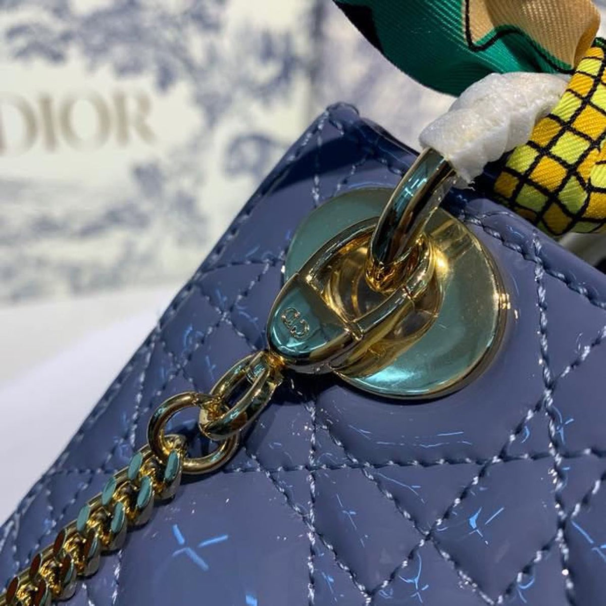 Christian Dior Mini Lady Dior Bag 18cm with Chain Silver Hardware Patent Leather Spring/Summer Collection, Deep Blue –…