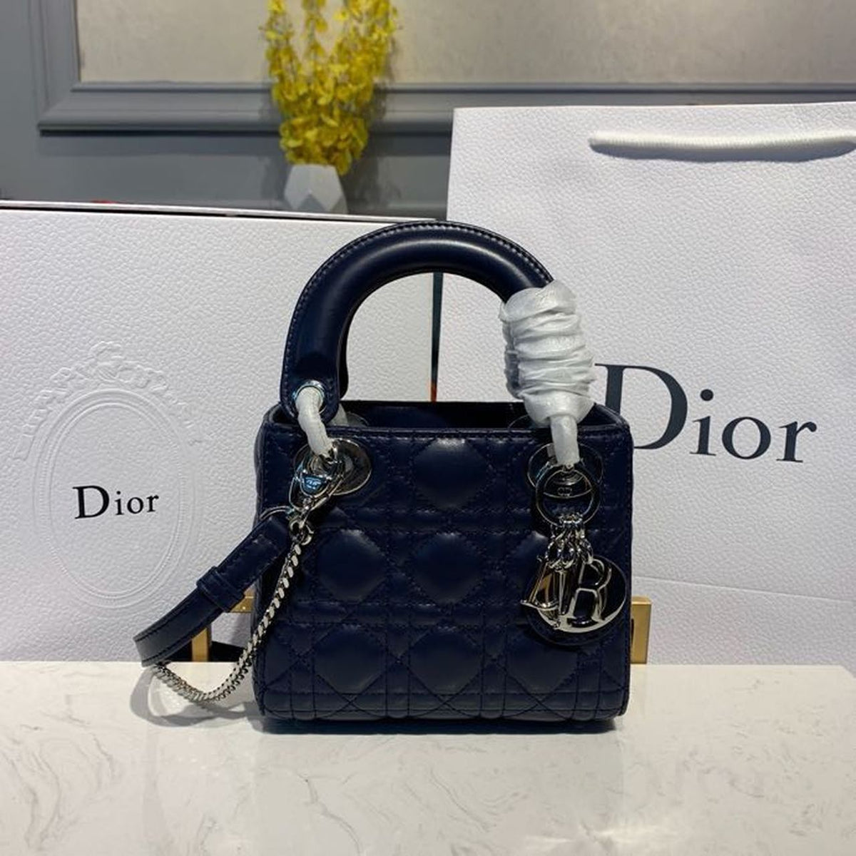 Christian Dior Mini Lady Dior Bag 18cm with Chain Silver Hardware Lambskin Leather Spring/Summer Collection, Navy Blue –…