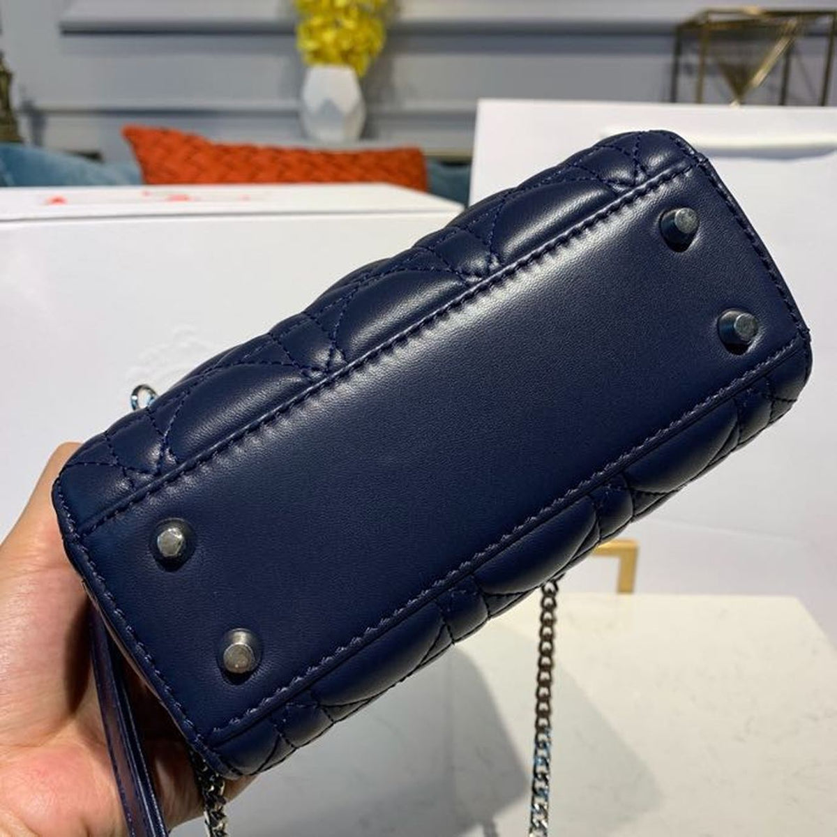Christian Dior Mini Lady Dior Bag 18cm with Chain Silver Hardware Lambskin Leather Spring/Summer Collection, Navy Blue –…