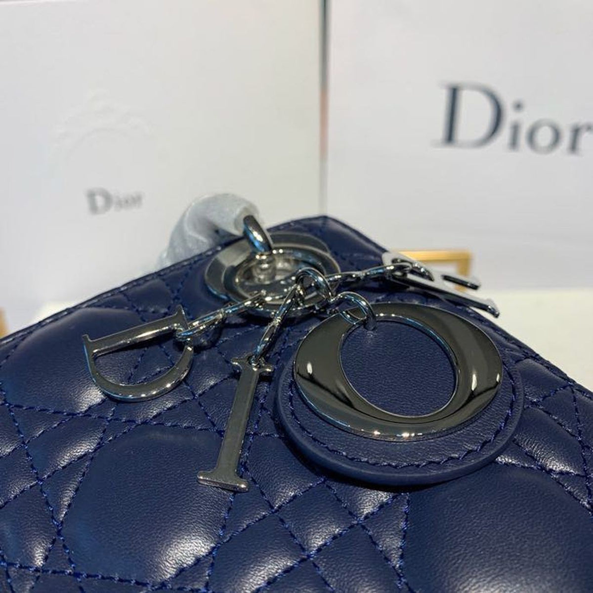 Christian Dior Mini Lady Dior Bag 18cm with Chain Silver Hardware Lambskin Leather Spring/Summer Collection, Navy Blue –…
