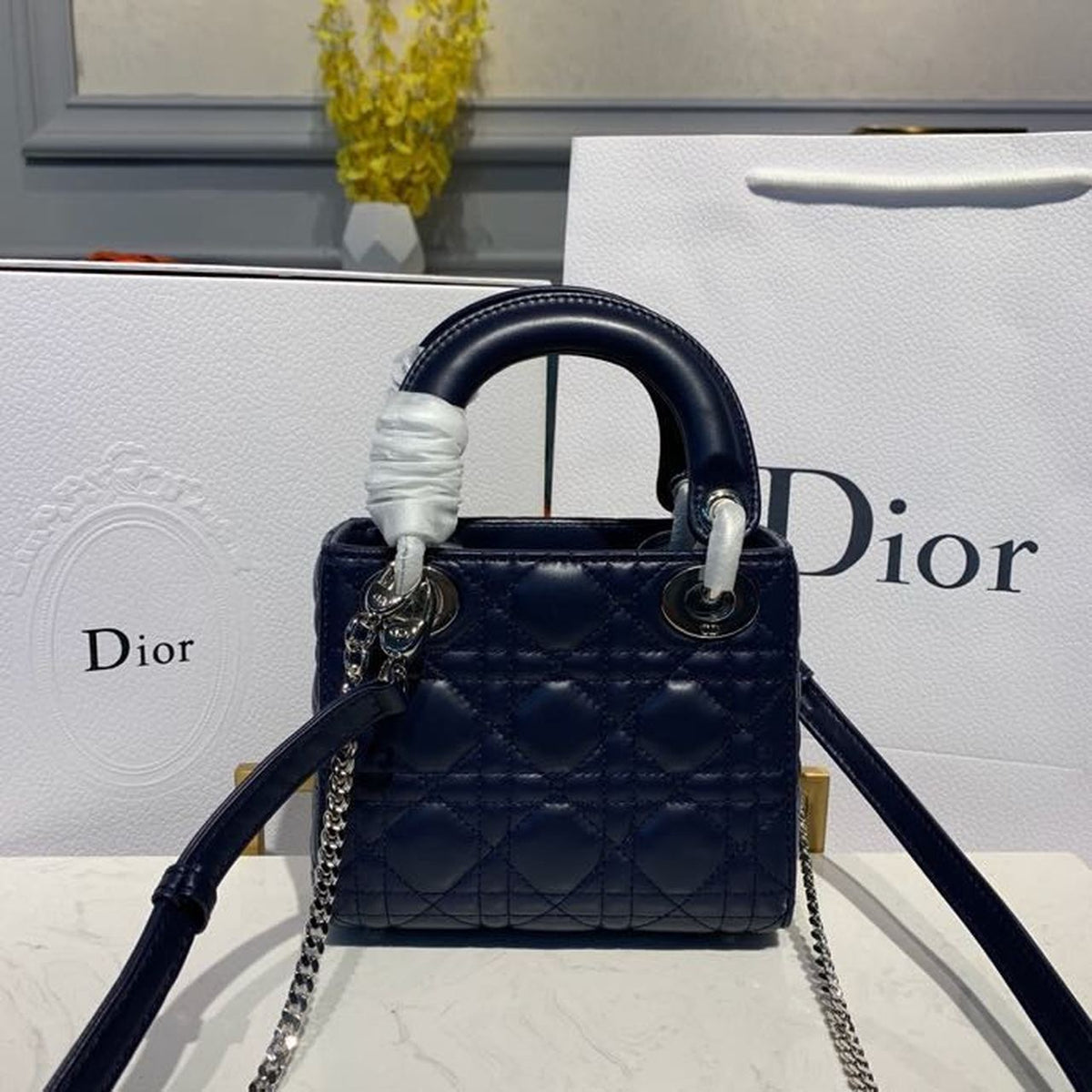 Christian Dior Mini Lady Dior Bag 18cm with Chain Silver Hardware Lambskin Leather Spring/Summer Collection, Navy Blue –…