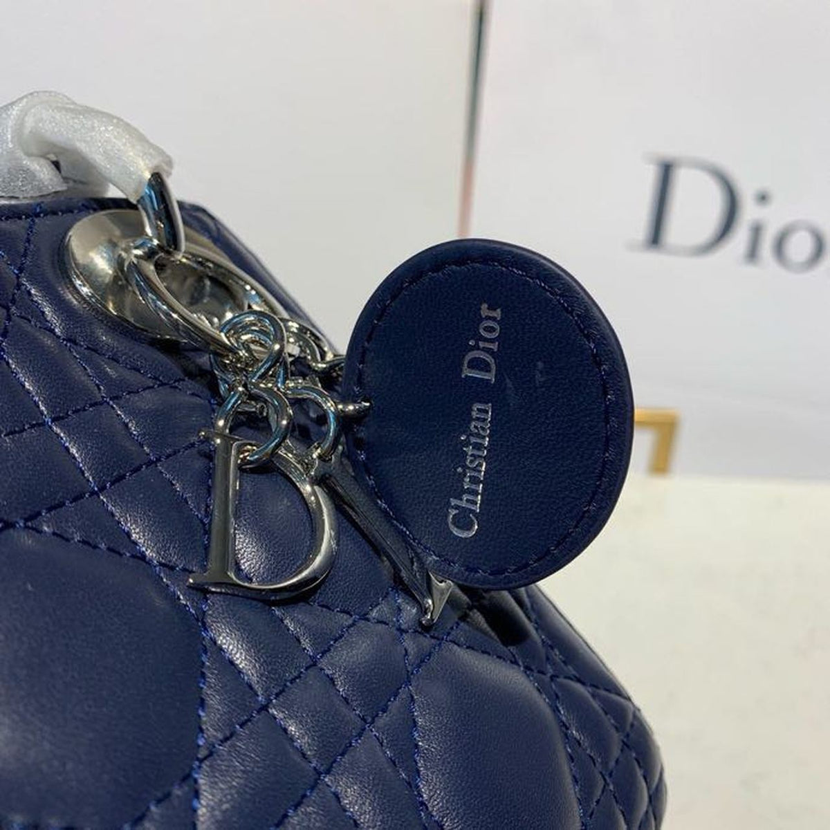 Christian Dior Mini Lady Dior Bag 18cm with Chain Silver Hardware Lambskin Leather Spring/Summer Collection, Navy Blue –…