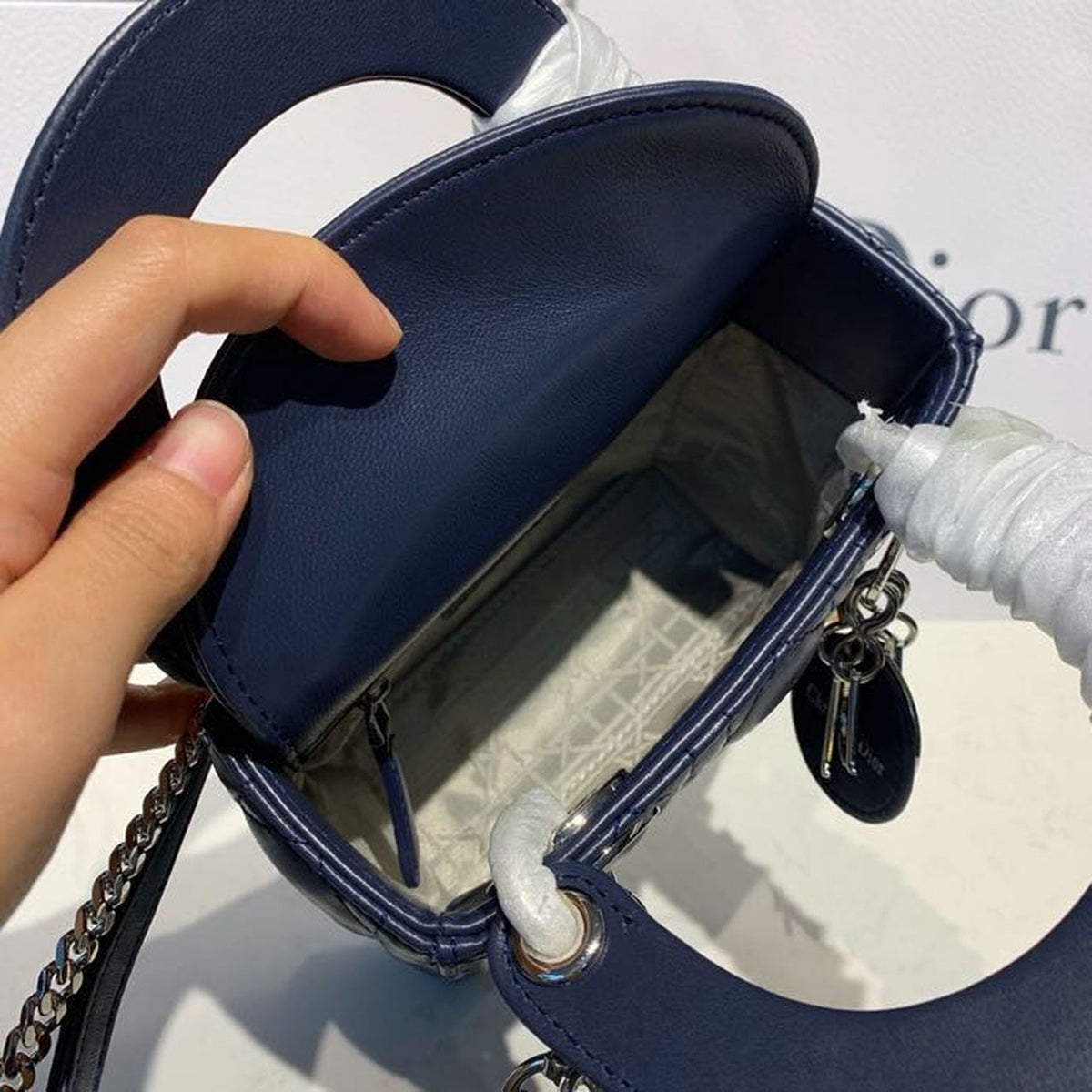 Christian Dior Mini Lady Dior Bag 18cm with Chain Silver Hardware Lambskin Leather Spring/Summer Collection, Navy Blue –…