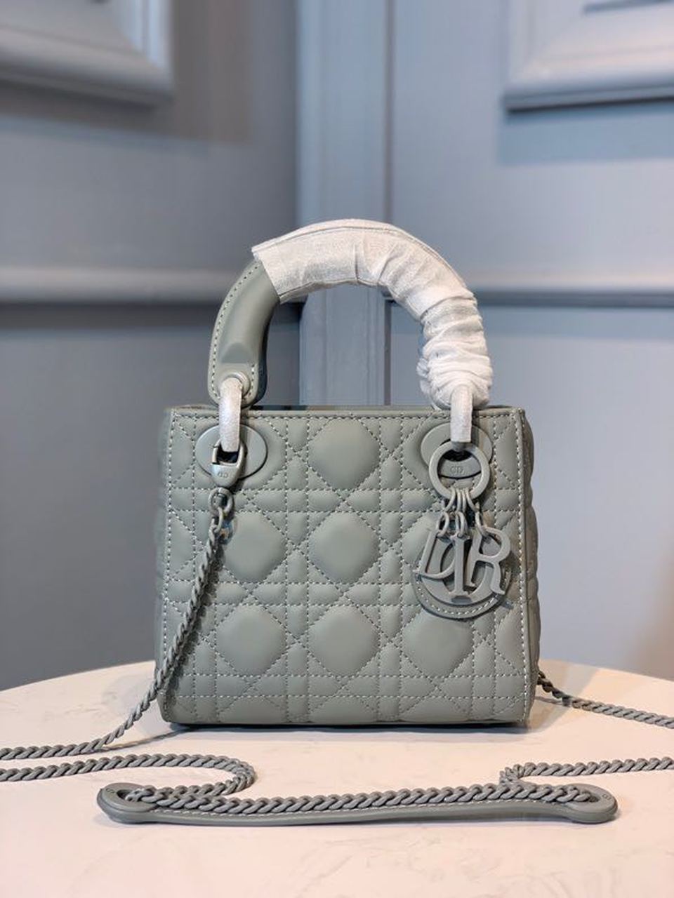 Christian Dior Mini Lady Dior Bag 18cm with Chain Matte Hardware Lambskin Leather Spring/Summer Collection, Pewter Blue –…