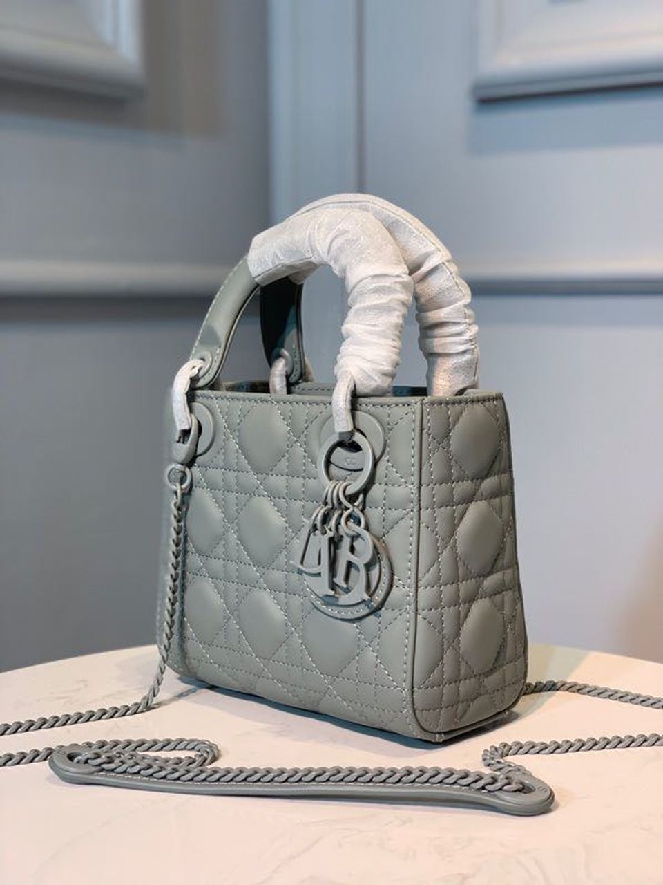 Christian Dior Mini Lady Dior Bag 18cm with Chain Matte Hardware Lambskin Leather Spring/Summer Collection, Pewter Blue –…