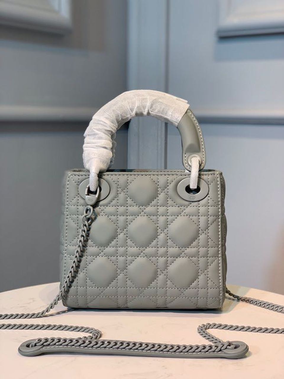 Christian Dior Mini Lady Dior Bag 18cm with Chain Matte Hardware Lambskin Leather Spring/Summer Collection, Pewter Blue –…