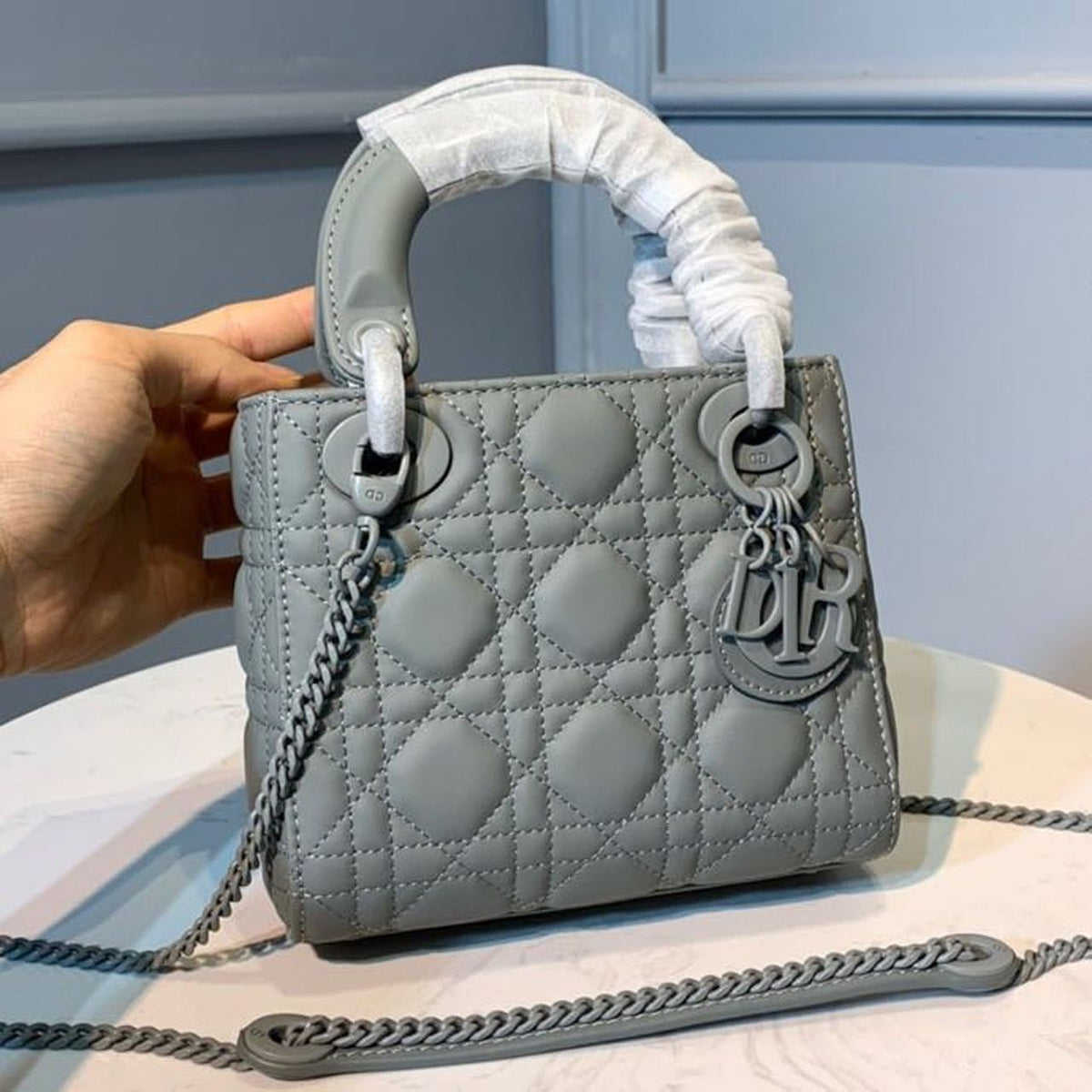 Christian Dior Mini Lady Dior Bag 18cm with Chain Matte Hardware Lambskin Leather Spring/Summer Collection, Pewter Blue –…