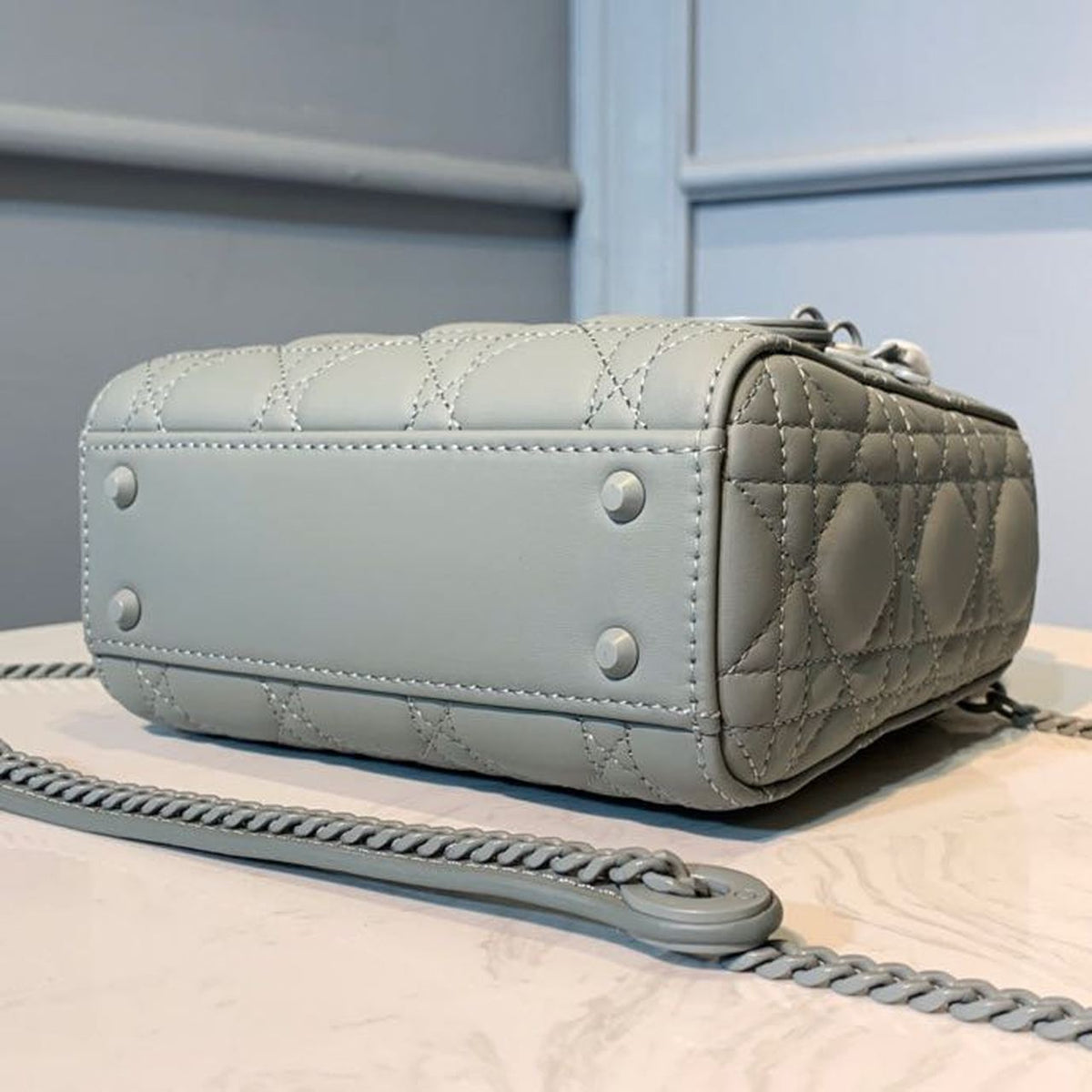 Christian Dior Mini Lady Dior Bag 18cm with Chain Matte Hardware Lambskin Leather Spring/Summer Collection, Pewter Blue –…