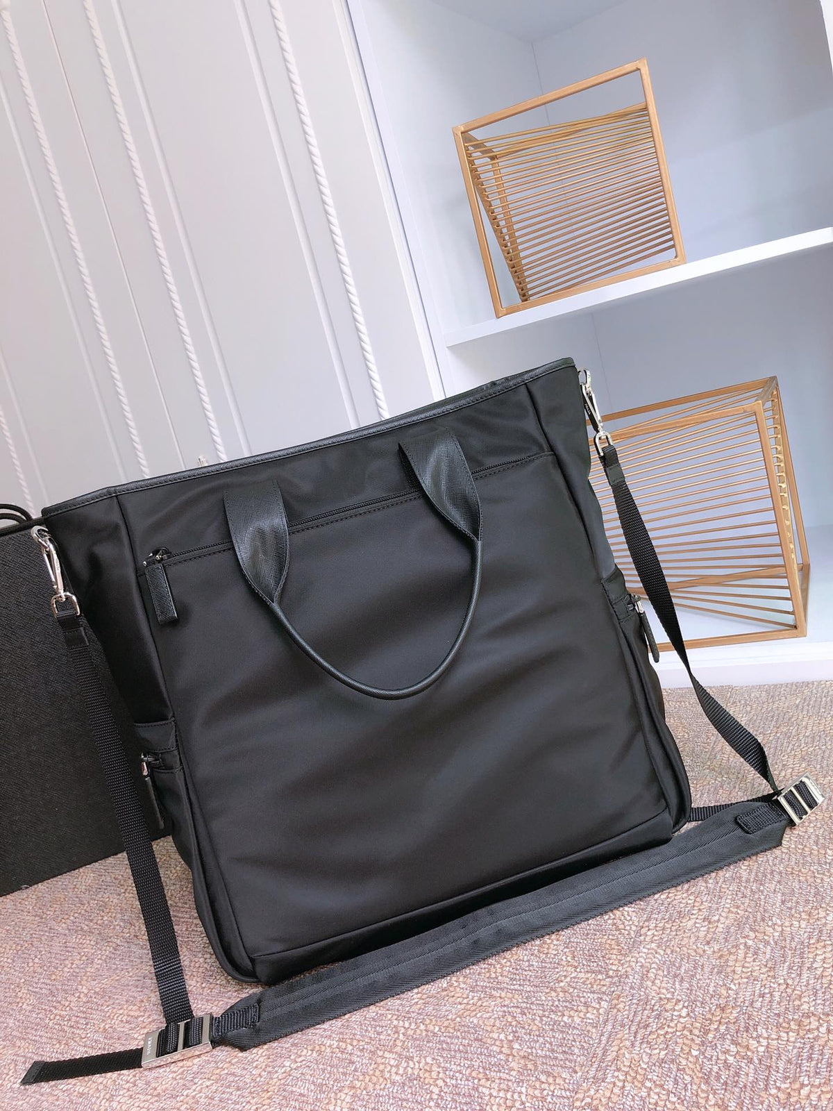 Tote Bag 38 in Black Re-nylon and Saffiano Leather Trim
