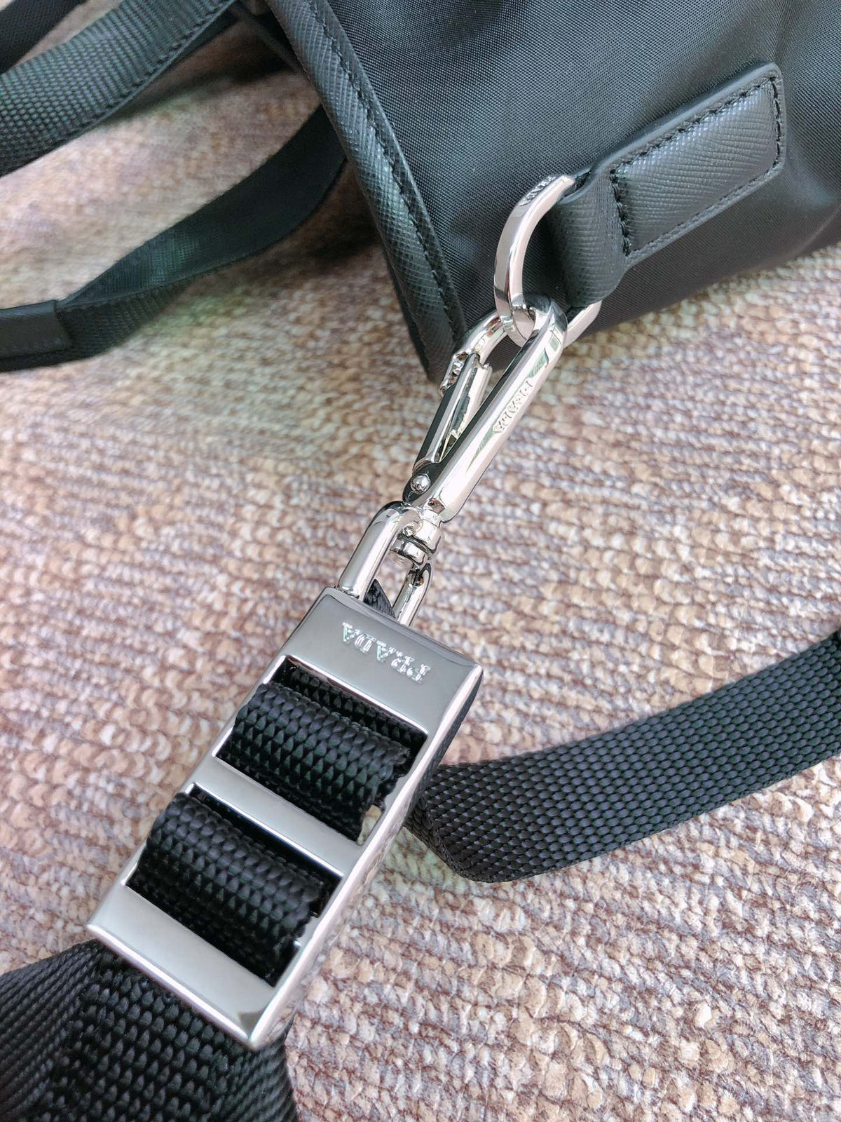 Tote Bag 38 in Black Re-nylon and Saffiano Leather Trim