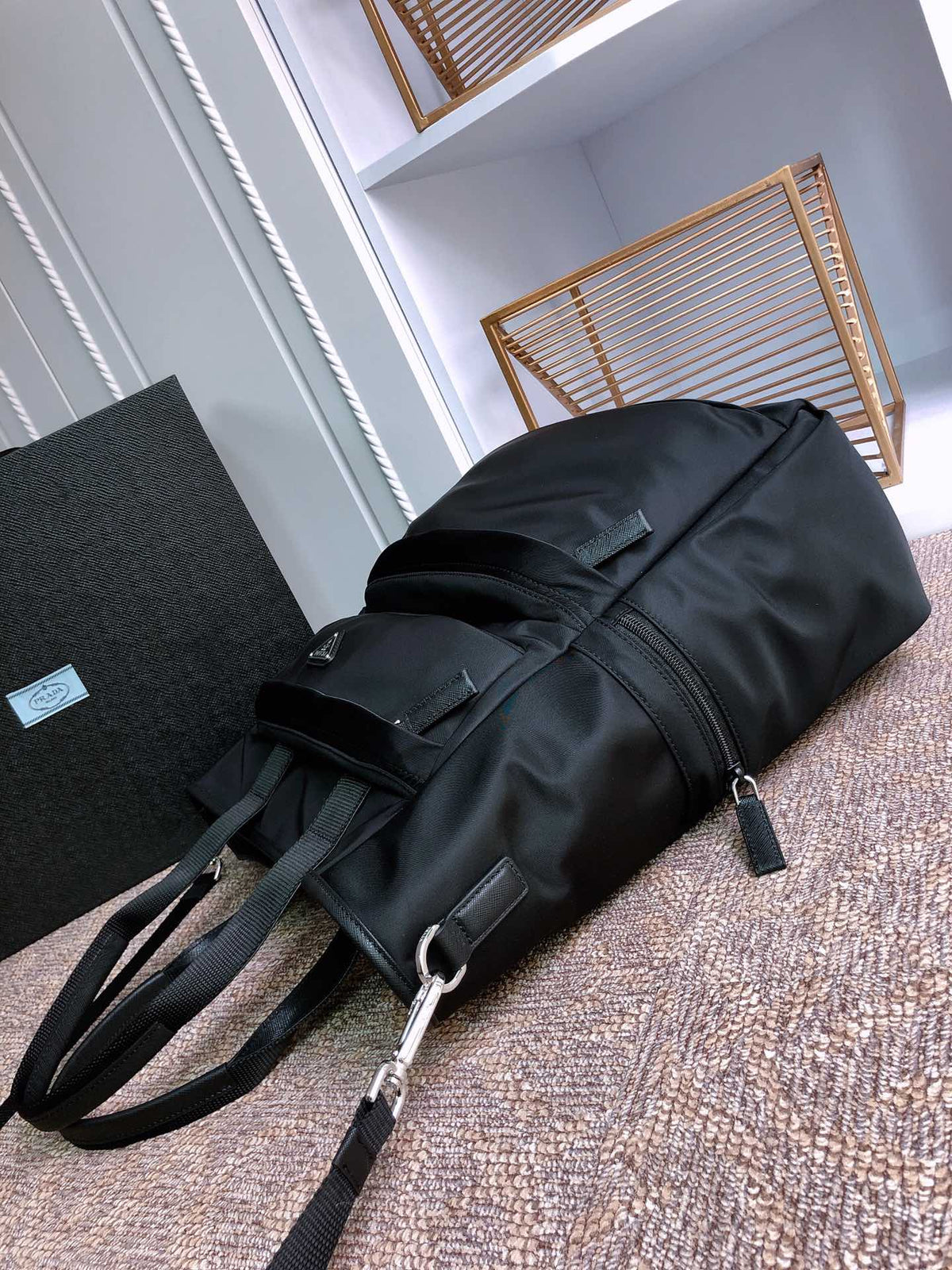 Tote Bag 38 in Black Re-nylon and Saffiano Leather Trim