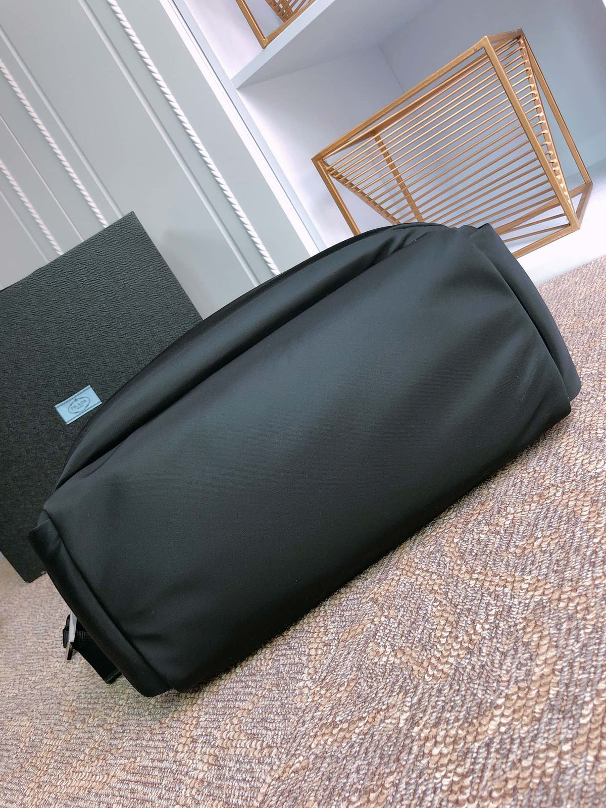 Tote Bag 38 in Black Re-nylon and Saffiano Leather Trim