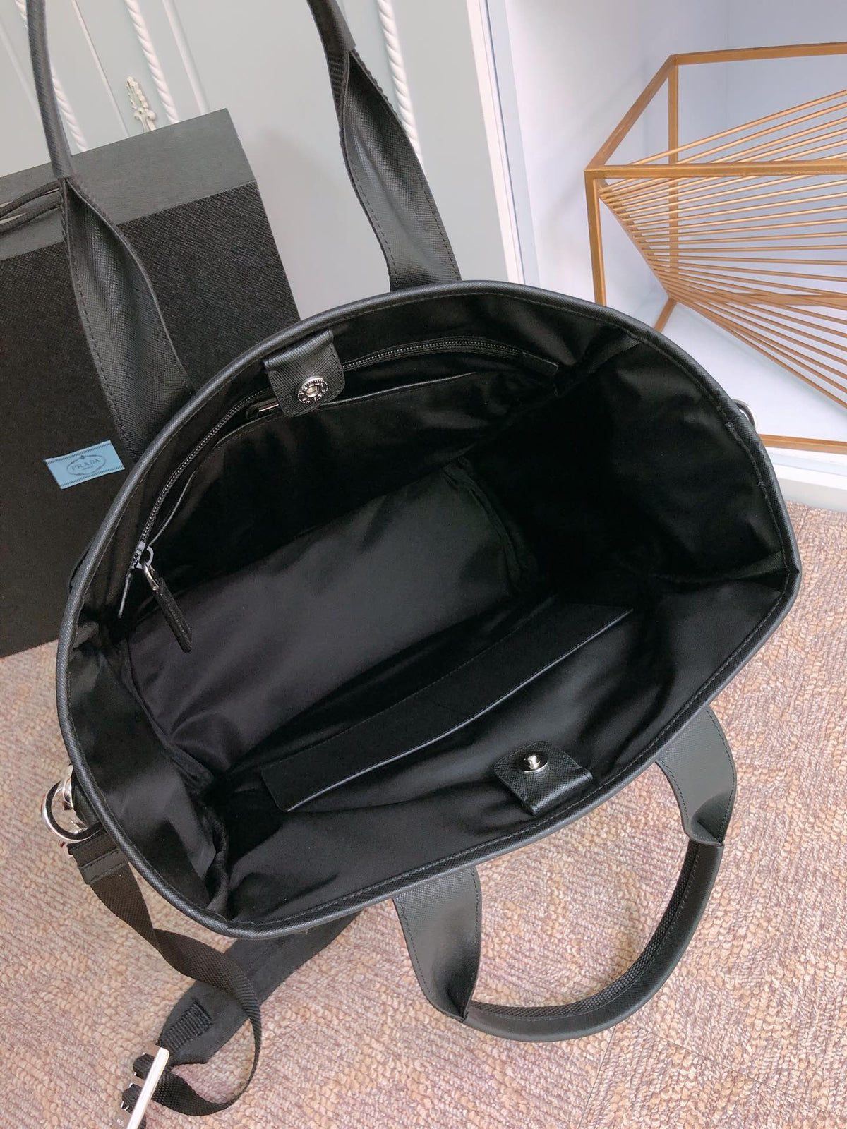 Tote Bag 38 in Black Re-nylon and Saffiano Leather Trim