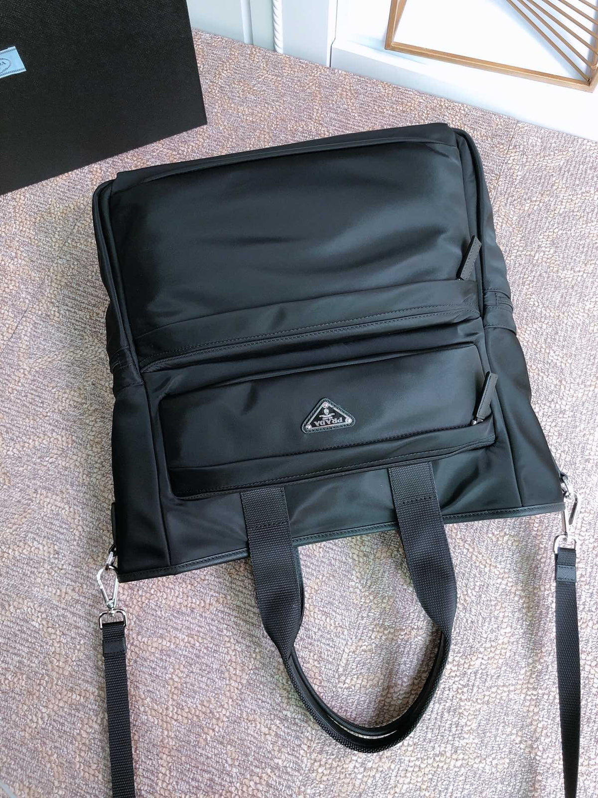 Tote Bag 38 in Black Re-nylon and Saffiano Leather Trim
