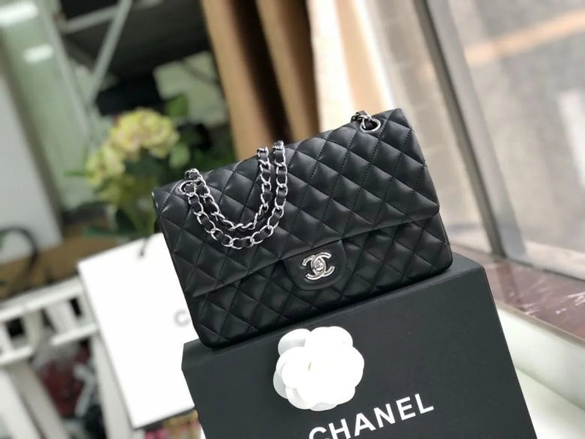 Chanel Classic Flap Bag 25cm Lambskin Leather Silver Hardware Black