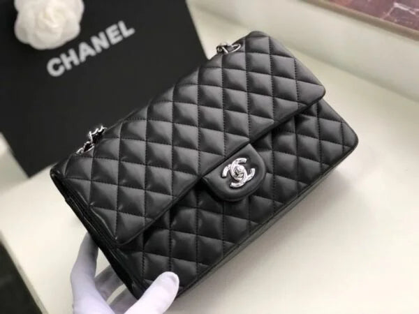 Chanel Classic Flap Bag 25cm Lambskin Leather Silver Hardware Black