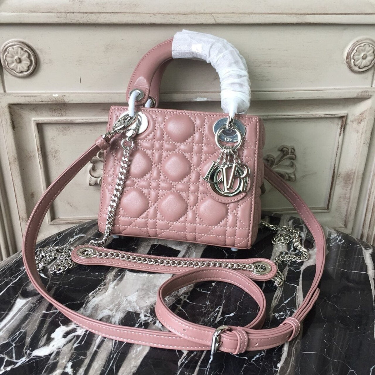 Christian Dior Mini Lady Dior Bag 18cm with Chain Silver Hardware Lambskin Leather Spring/Summer Collection, Dusty Pink –…