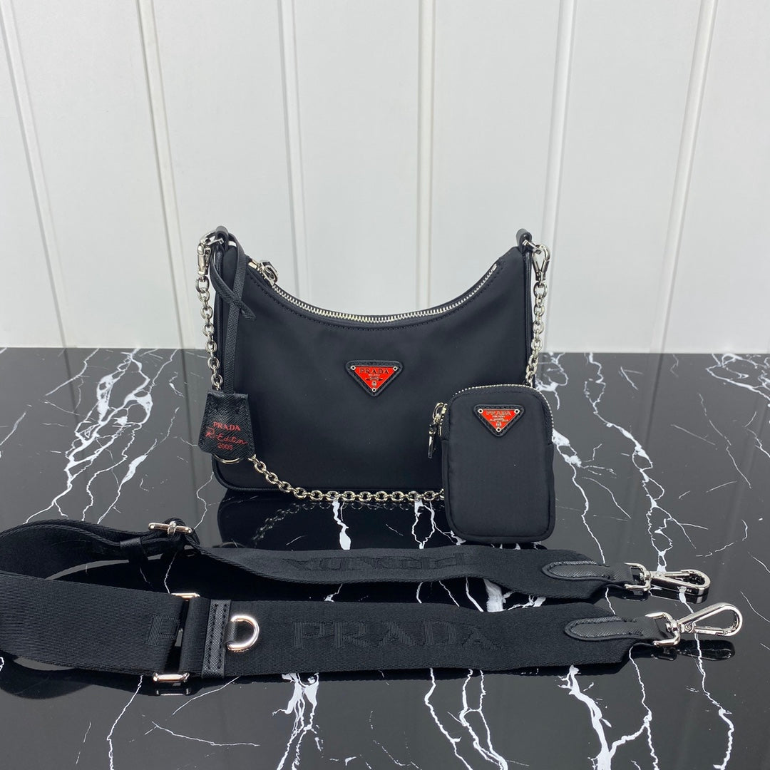 Pra Hobo 22 Bag in Black Re-nylon with Red Logo