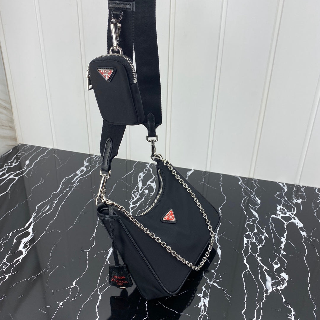 Pra Hobo 22 Bag in Black Re-nylon with Red Logo