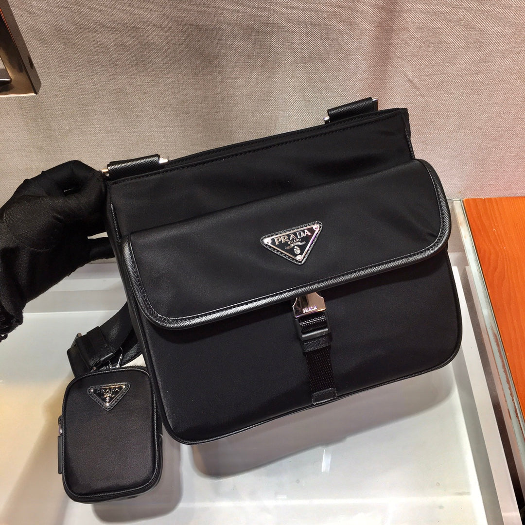 Triangle Logo Crossbody Bag 25 in Black Re-nylon and Saffiano Leather Trim