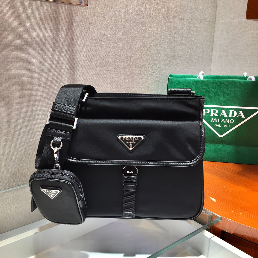 Triangle Logo Crossbody Bag 25 in Black Re-nylon and Saffiano Leather Trim