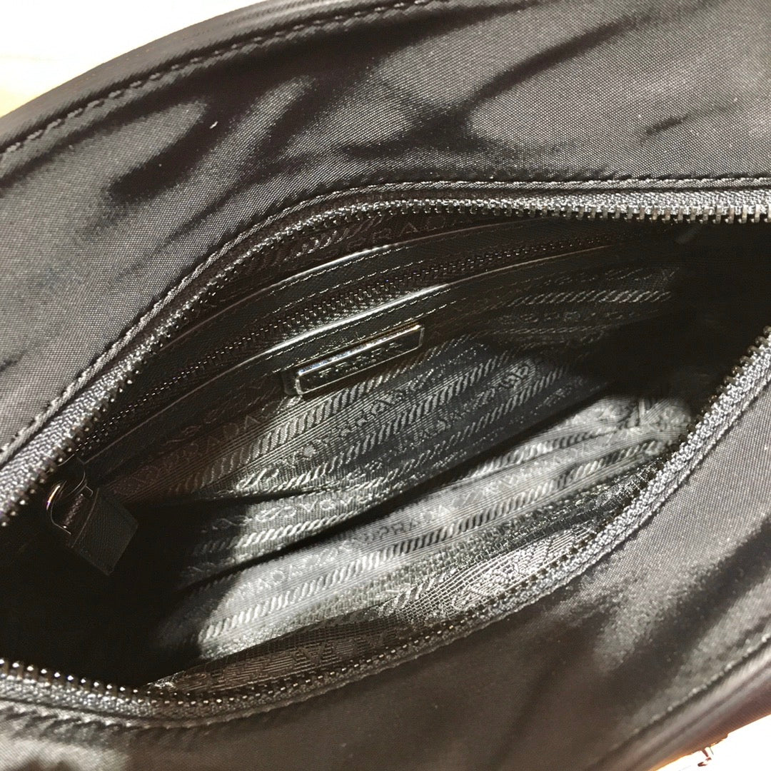 Triangle Logo Crossbody Bag 25 in Black Re-nylon and Saffiano Leather Trim