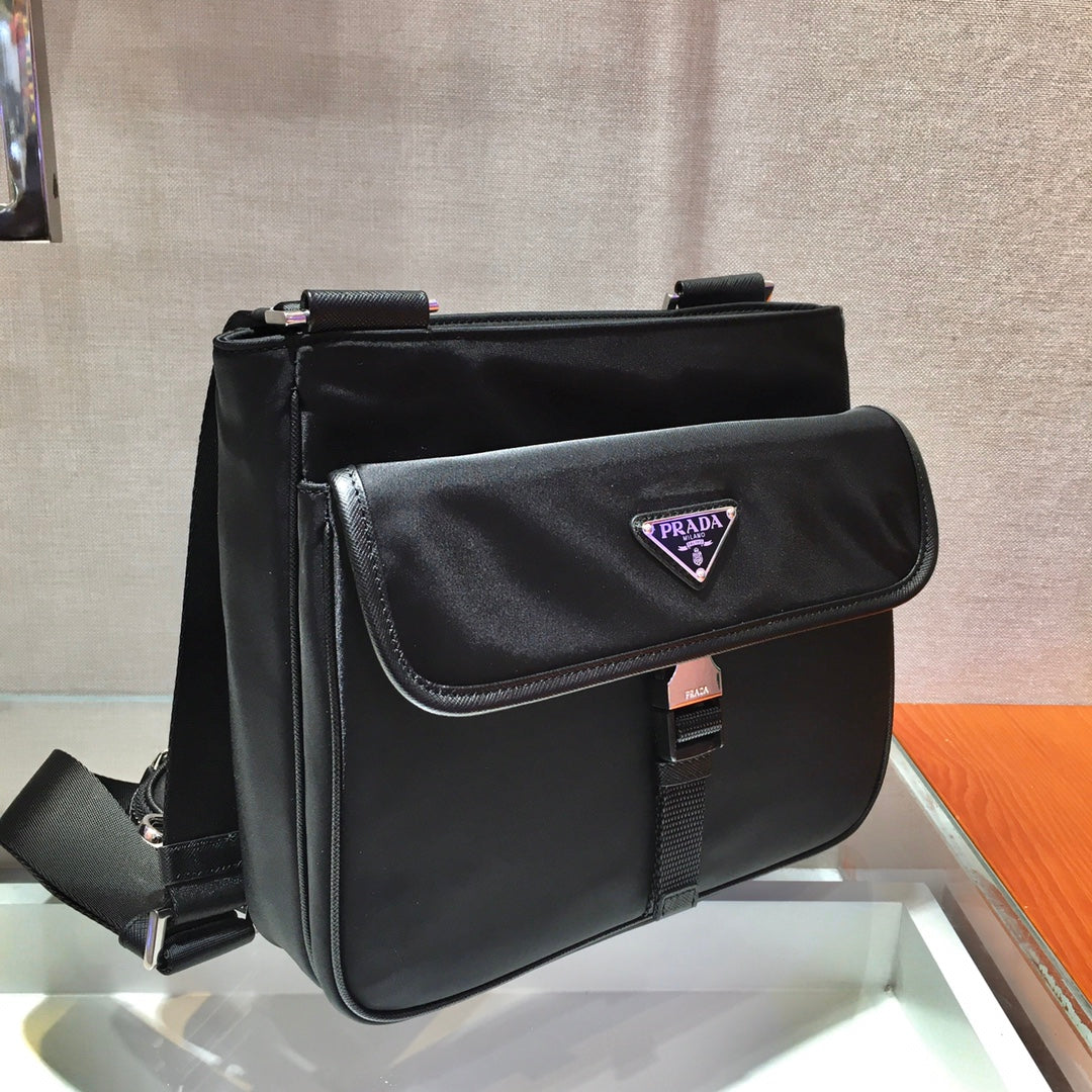 Triangle Logo Crossbody Bag 25 in Black Re-nylon and Saffiano Leather Trim