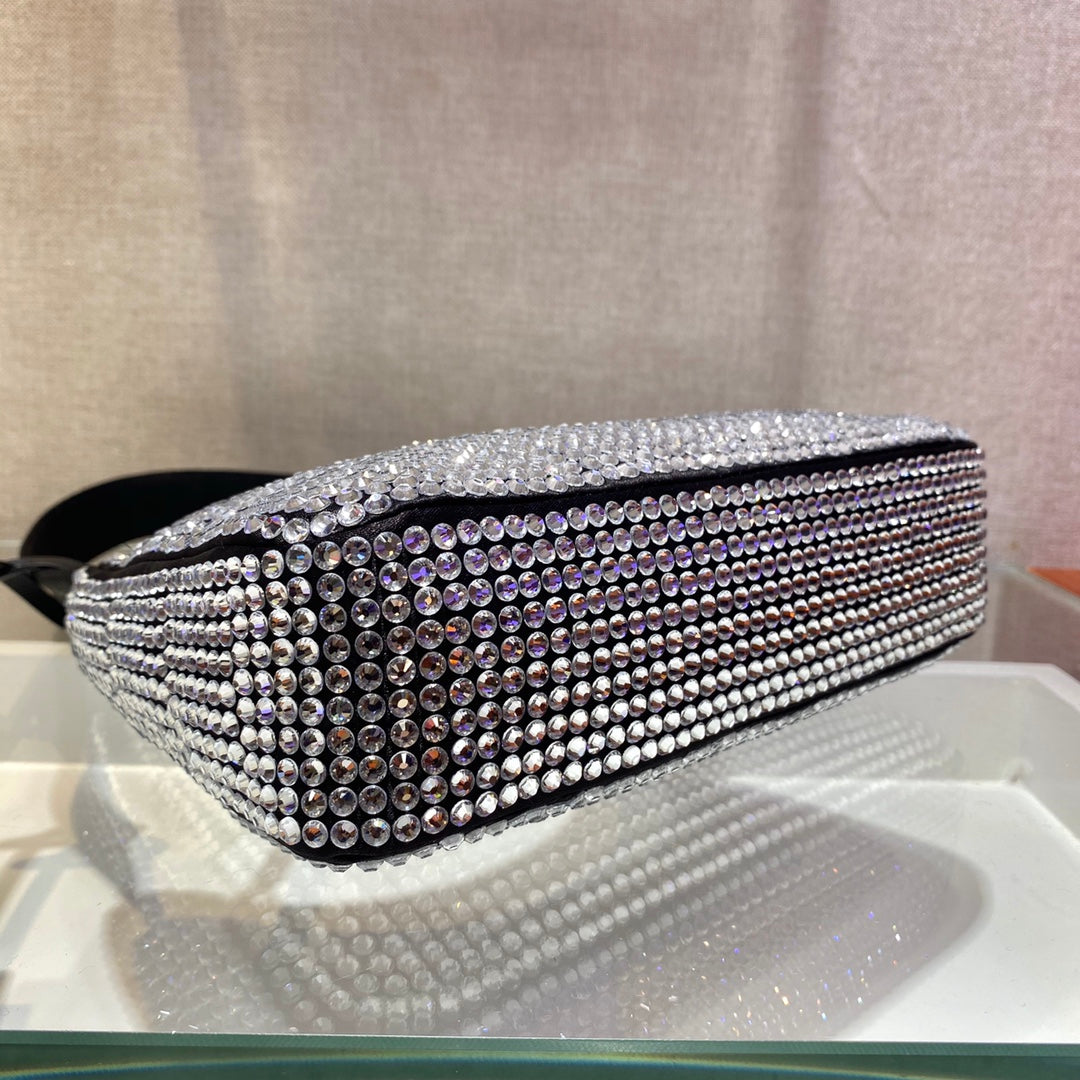 Sparkling Hobo Bag 23 in Black Nylon Attached Fully Crystals