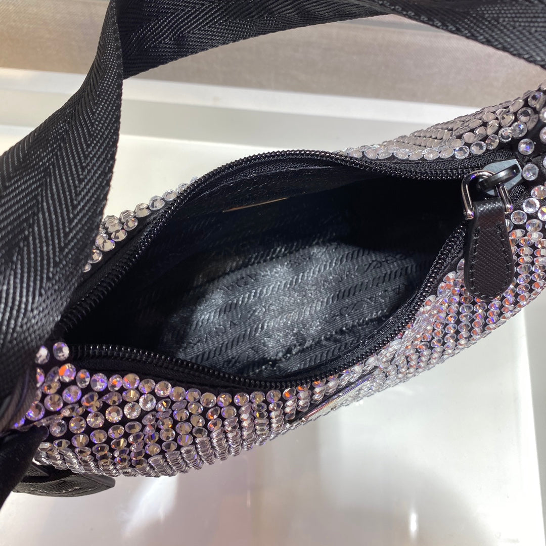 Sparkling Hobo Bag 23 in Black Nylon Attached Fully Crystals