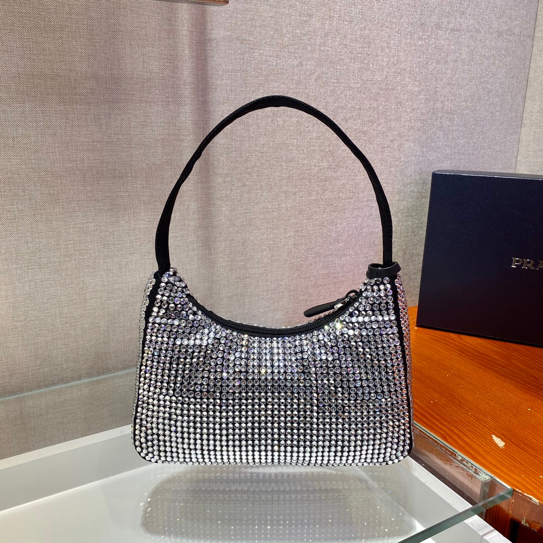 Sparkling Hobo Bag 23 in Black Nylon Attached Fully Crystals