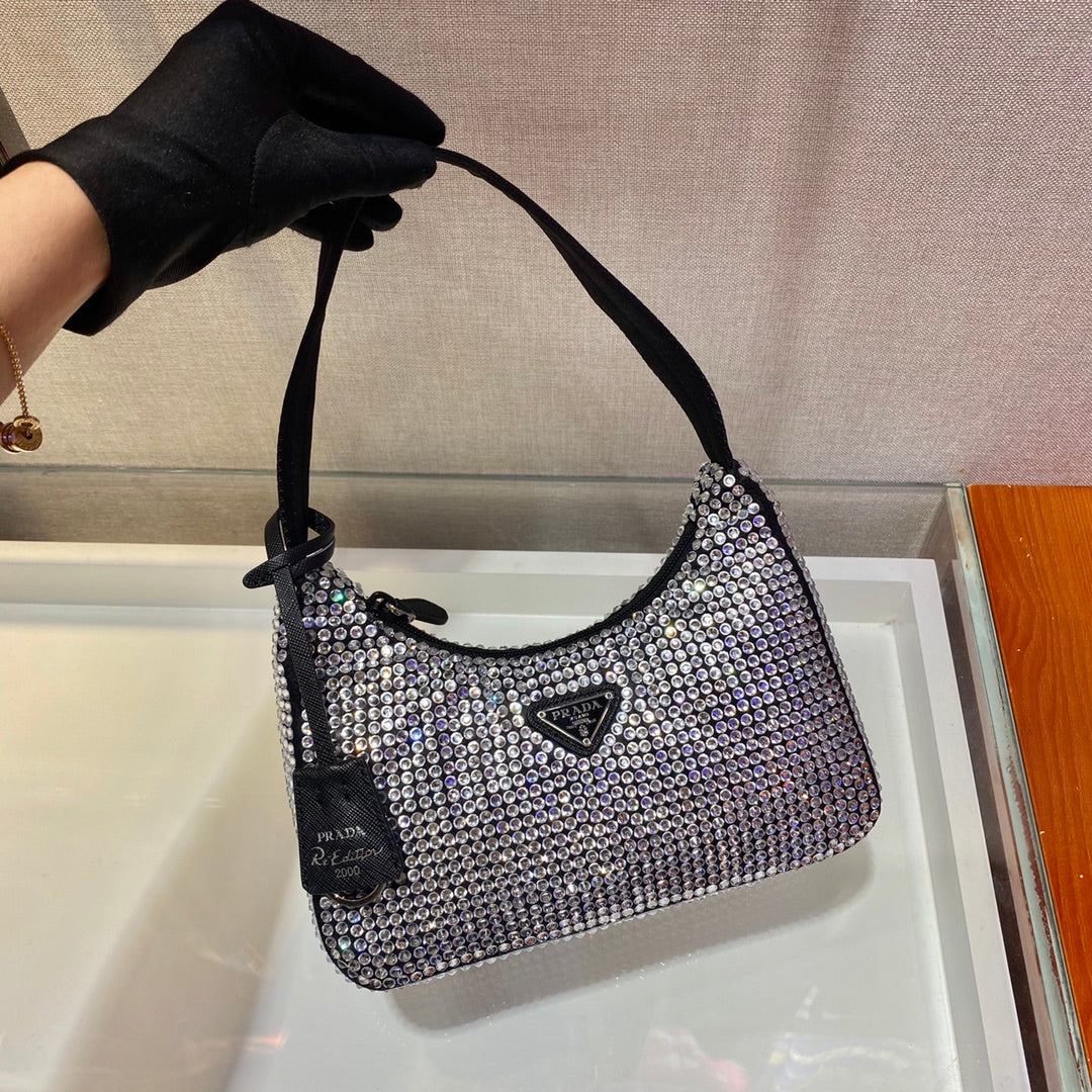 Sparkling Hobo Bag 23 in Black Nylon Attached Fully Crystals